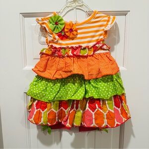 Rare Editions Orange, Pink & Green Ruffled Dress w Leggings Set